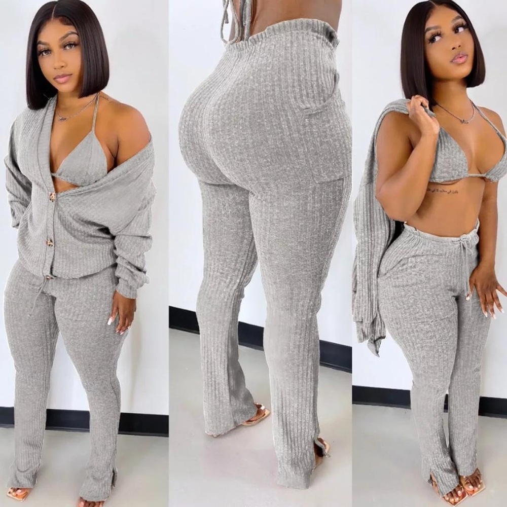 Stylish Gray Ribbed Knit Pants Set